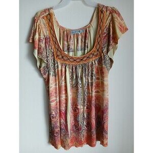 Unity World Wear Stretch Yellow/Orange Short Sleeve Square Neck  Blouse Size XL